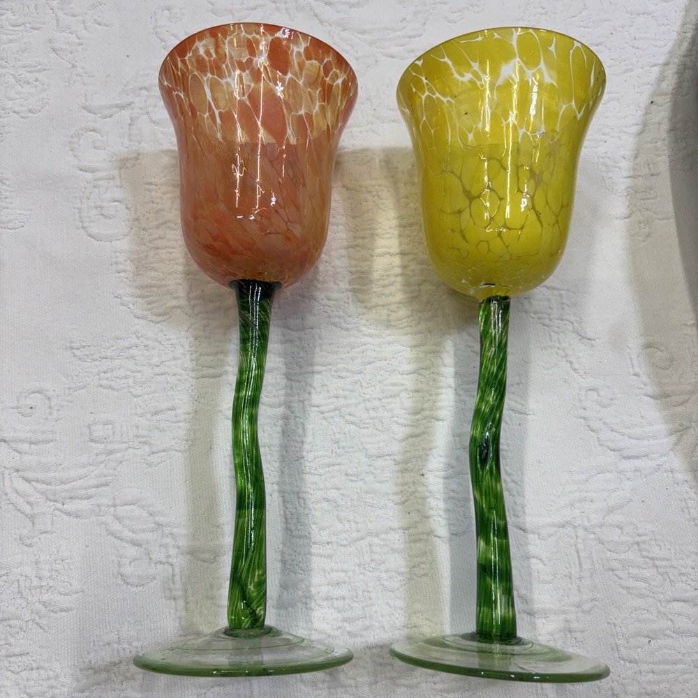 Neiman Marcus Set 2 Orange/Yellow Speckled Droplet Tulip Flower Wine Stem Glass